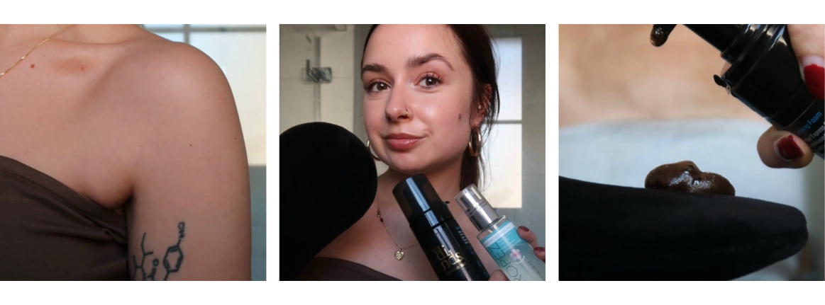 drei bilder mit selbstbraeuner ergebnissen, schulter, gesicht und selbstbraeuner mousse
