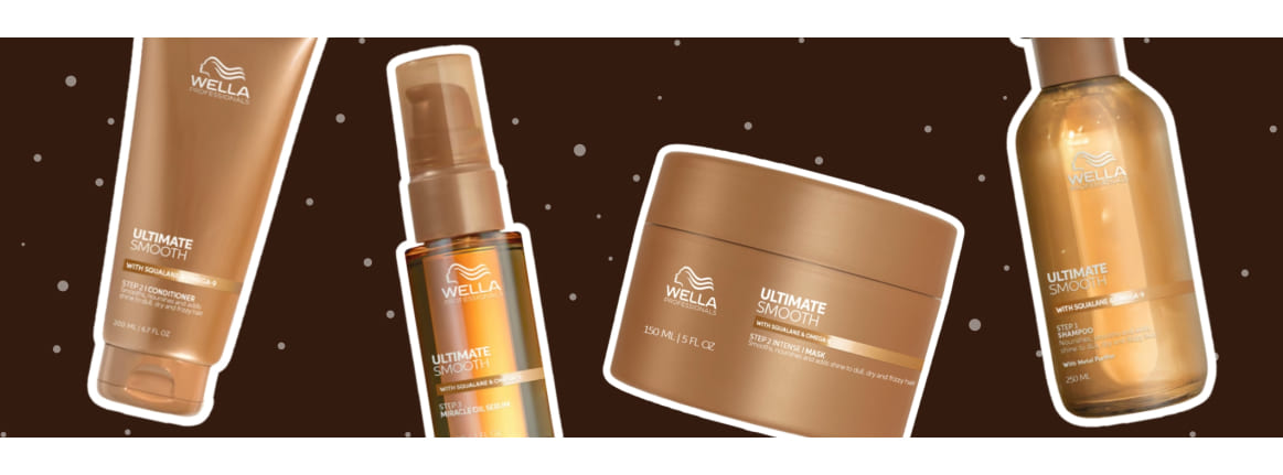 wella ultimate smooth produkte auf braunem hintergrund