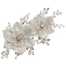 Barrette à cheveux avec fleurs, pierres et perles blanches, coloris doré