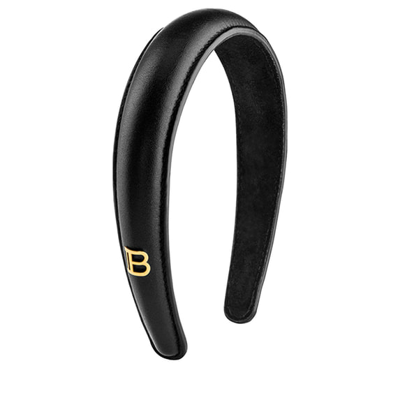 Black Leather Puffed Headband with Gold Plated Logo
