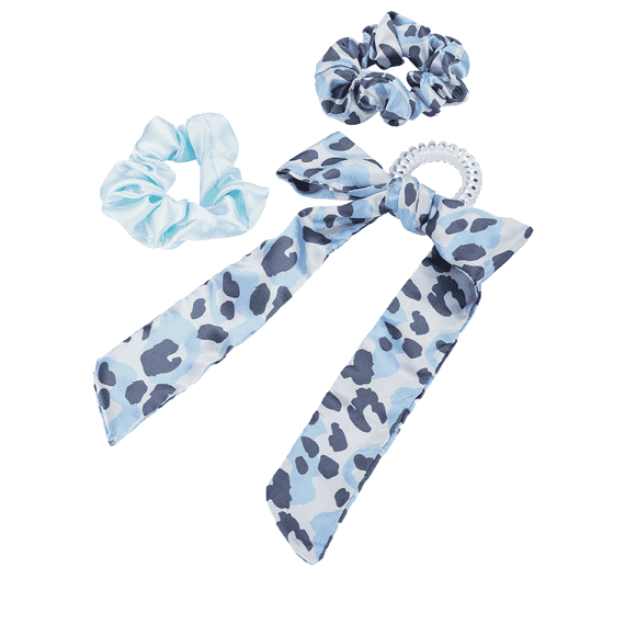 Twisted elastic with ribbon and a double-pack of scrunchies, plain and in leopard print, light blue
