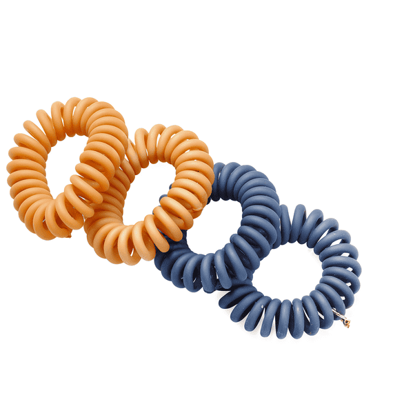 Elastique à cheveux spirale Yoga de 4 cm, par 4, mat, camel et bleu fumé