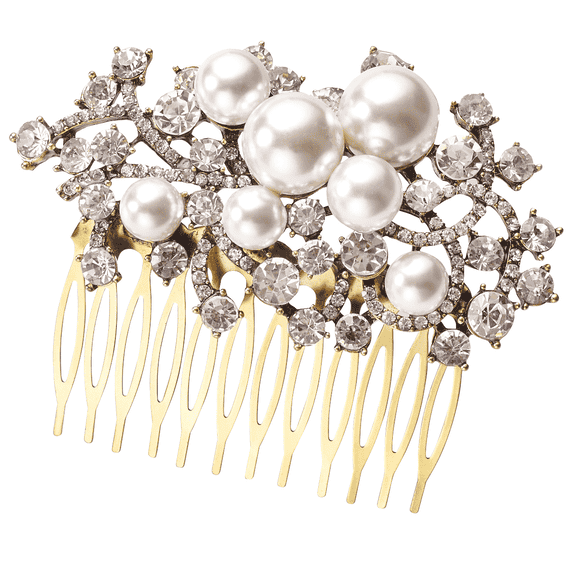 Hair comb in light gold in vintage style with pearls and strass