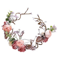 Arched flower crown with flowers, white pearls, dusky pink polished stones