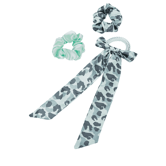 Twisted elastic with ribbon and a double-pack of scrunchies, plain and in leopard print, mint