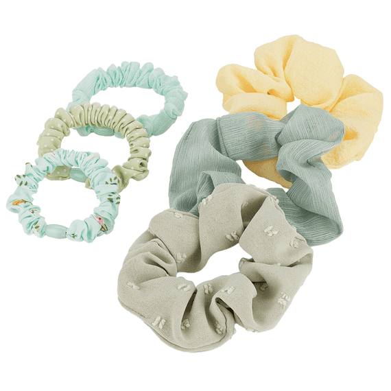 Scrunchie with print, mint and yellow, 6 pieces