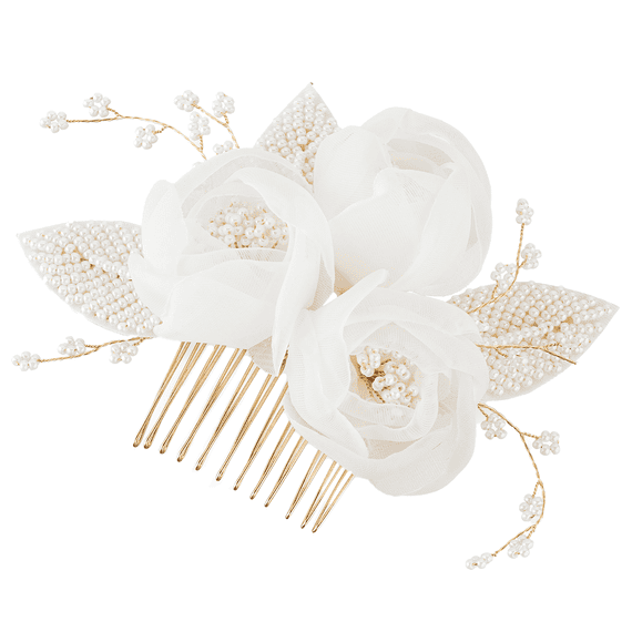 Peigne à cheveux en or délicat avec des fleurs en tissu et des feuilles de perles