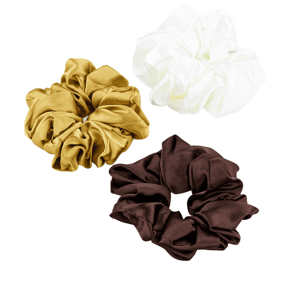 Scrunchies in raso nei colori bianco sporco, cammello e marrone scuro, confezione tripla