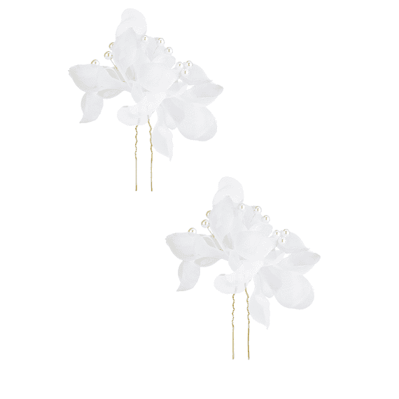 Hairpin with tulle flowers and pearls, white, 2 pack