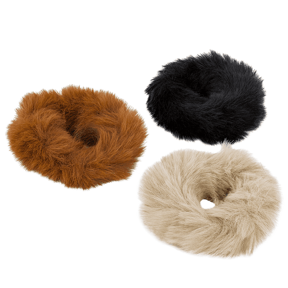 Scrunchie in Fake Fur, light brown, camel and black, Triopack