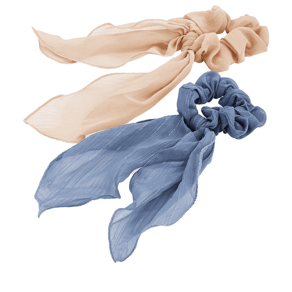 Chouchou en mousseline légèrement pailletée et long foulard à nouer, bleu et beige, par 2