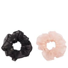 Due scrunchies in chiffon trasparente su cravatta per capelli in perle, nero, rosa,