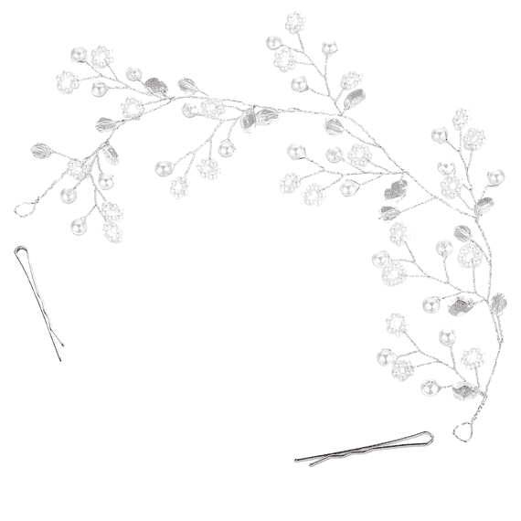 Ornamento in filo metallico con pietre a goccia e fiorellini di perle, bianco