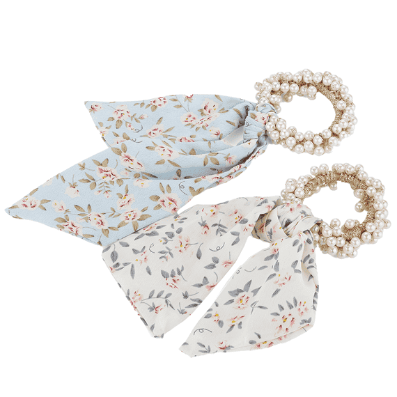 Chouchou perles avec petit foulard à nouer, bleu clair et blanc, par 2