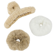 Scrunchies E Clip Per Capelli In Finta Pelliccia - bianco, sabbia e beige