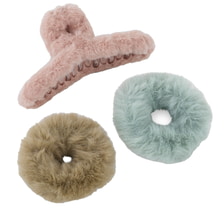 Scrunchies E Clip Per Capelli In Finta Pelliccia - rosa, azzurro e beige