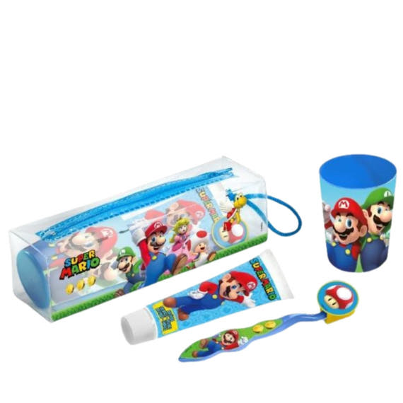 Beauty case dentale: spazzolino, dentifricio e bicchiere