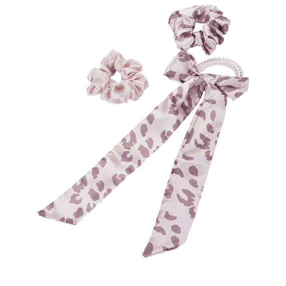Elastico ritorto con fiocco e una confezione da due di scrunchie in tinta unita e in leo print, lilla