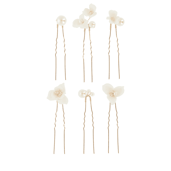 Hairpins With Ceramic Flowers & Pearls - Gold