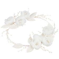 lush hair wreath with white fabric flowers andpearls, pearl leaves