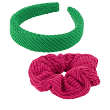 Cerchietto e Scrunchie in Maglia - verde e fucsia
