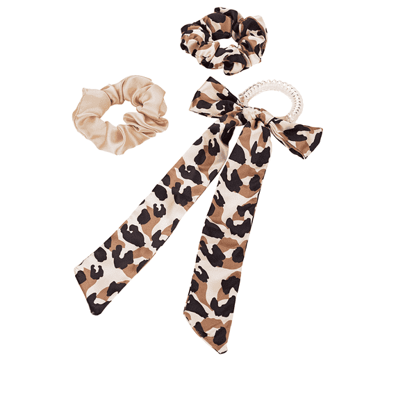 Twisted elastic with ribbon and a double-pack of scrunchies, plain and in leopard print, black-brown