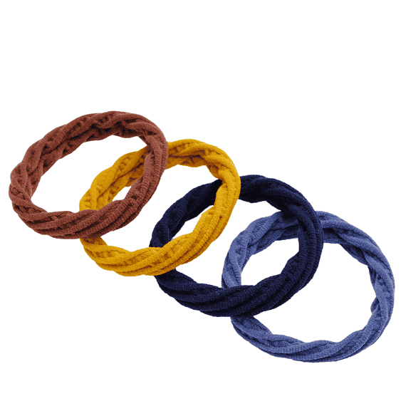 Hair band Yoga soft, structured, 4 pcs, curry, jeans blue, brown