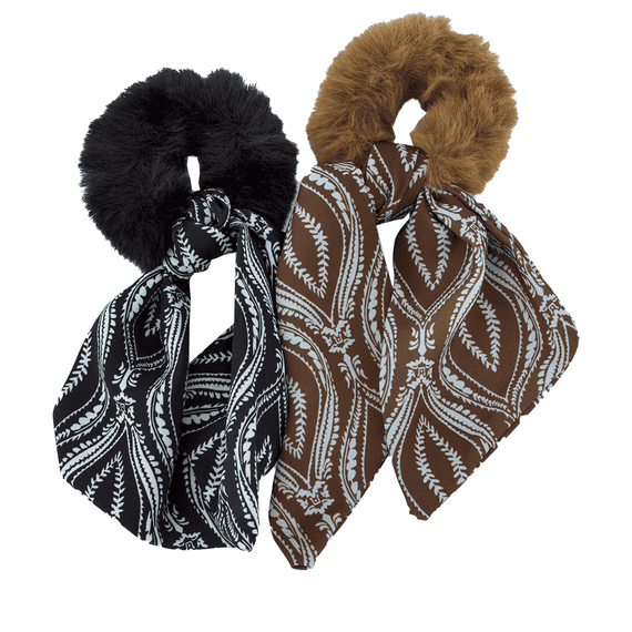 Fake Fur Scrunchie con Fiocco in Satin - marrone e nero