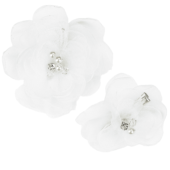Fiore in tessuto su fermaglio con perline e pietre, bianco, 2 pezzi