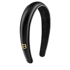 Black Leather Puffed Headband with Gold Plated Logo