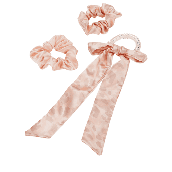 Twisted elastic with ribbon and a double-pack of scrunchies, plain and in leopard print, pink