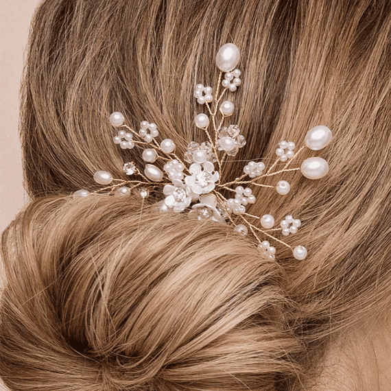 Haarnadel mit Perlen und Steinen, gold