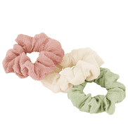 Scrunchie Yoga mousseline 3 pièces, blanc cassé, vieux rose, vert tilleul