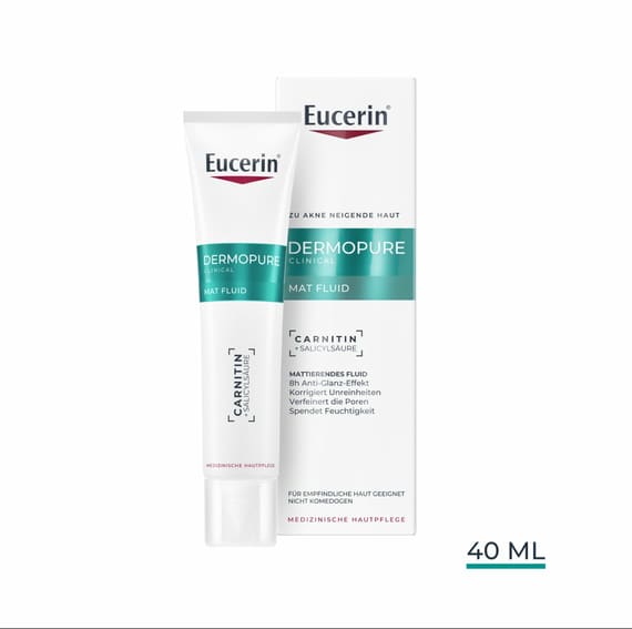 Eucerin Dermopure Fluide Matifiant Clinique, 40 Ml, Crème Visage Matifiante Effet Mat 8h, Crème Visage Peaux Grasses Et Acétueuses À L'Acide Salicylique Et À La Carnitine, Anti-Imperfections 