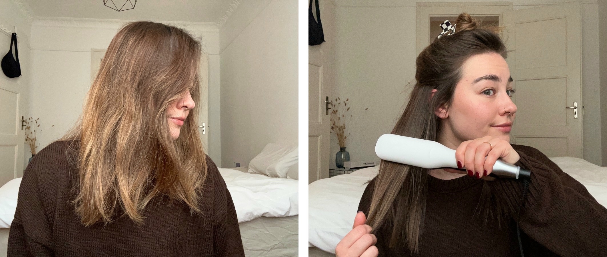 zwei bilder mit vorher nachher, links gewelltes braunes haar, rechts glätteisen an haaren die gestreckt sind