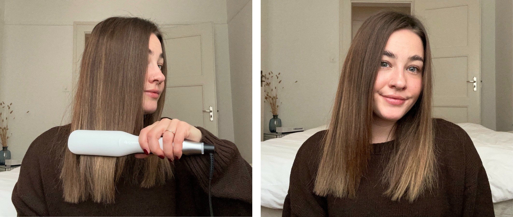 zwei bilder, links mit haarglaetteisen in gestrecktem haar, rechts fertiges ergebnis mit langen geraden braunen haaren
