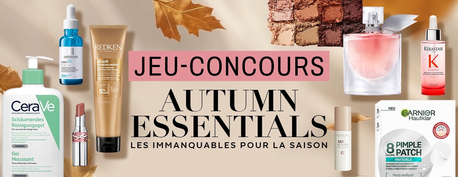 Fond beige avec des feuilles dautomne des produits de beaute et linscription jeu-concours